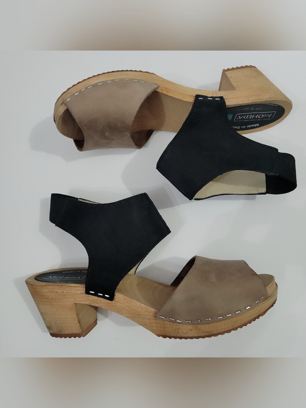 Moheda Swedish Wooden Clog Sandals Taupe & Black Leather Size 40